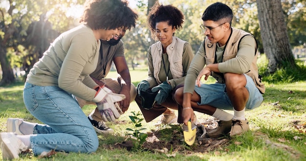 A group of diverse students participating in a community service project, planting trees in a park, smiling and working together towards a common goal.