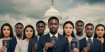 Diverse individuals with passports in front of U.S. Capitol, symbolizing bipartisan immigration reform efforts