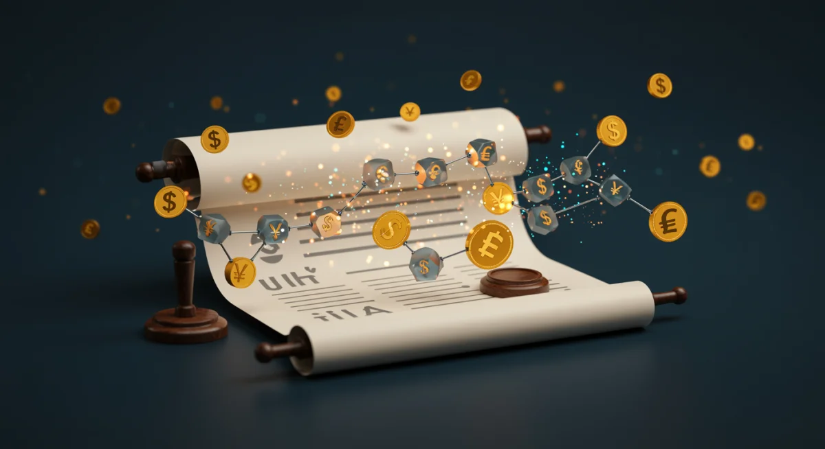 Legal document with blockchain elements, symbolizing digital currency regulation.