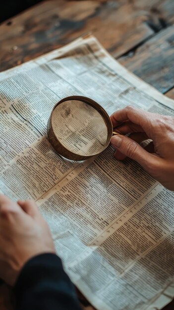 A close-up of a hand holding a magnifying glass over a newspaper article with the headline